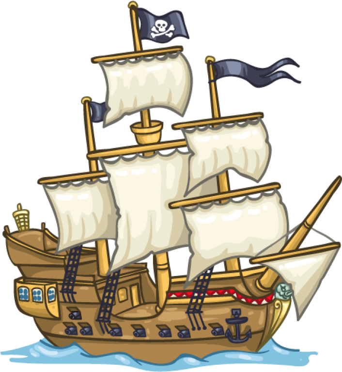 a pirate ship with a flag on it