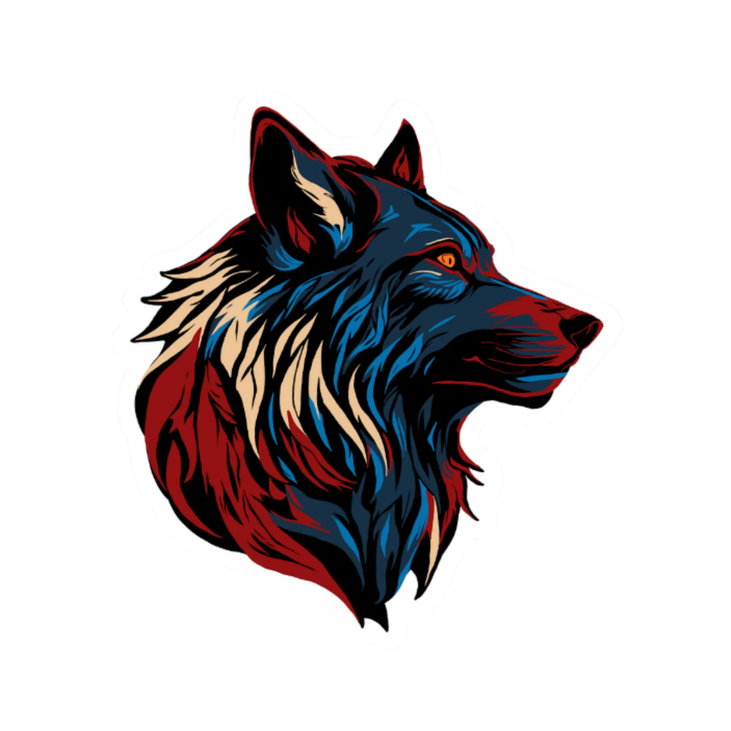 the head of a wolf with red, white and blue colors