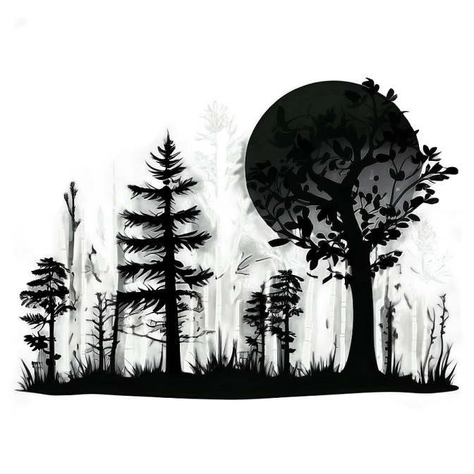 a black and white illustration of trees in the woods