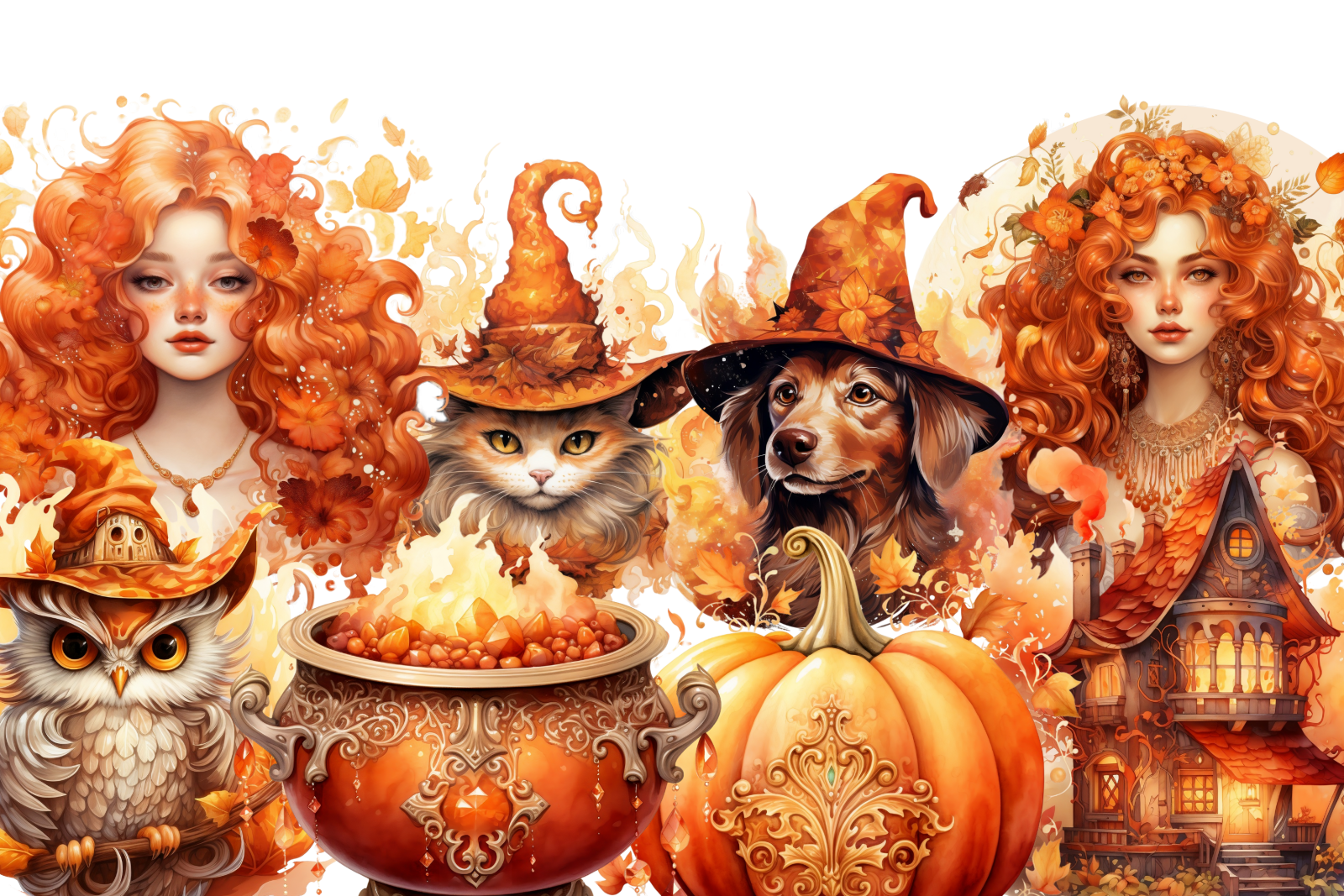 a group of witches with pumpkins and witches