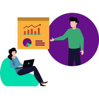 a man and woman sitting on a couch in front of a chart