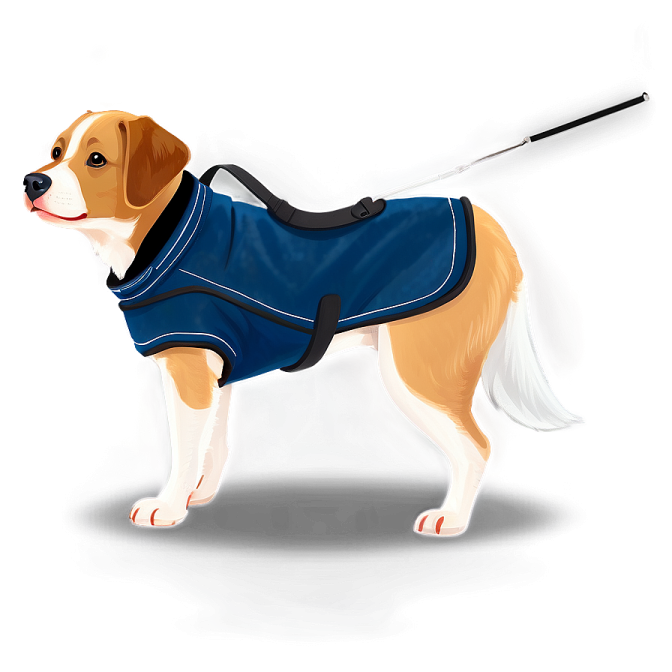 a brown and white dog wearing a blue jacket