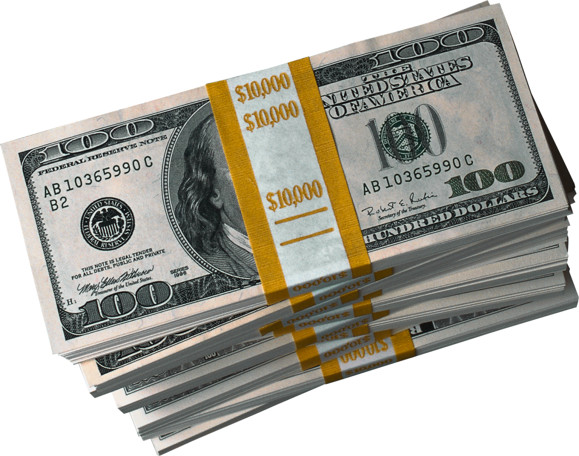 a stack of hundred dollar bills on a white background
