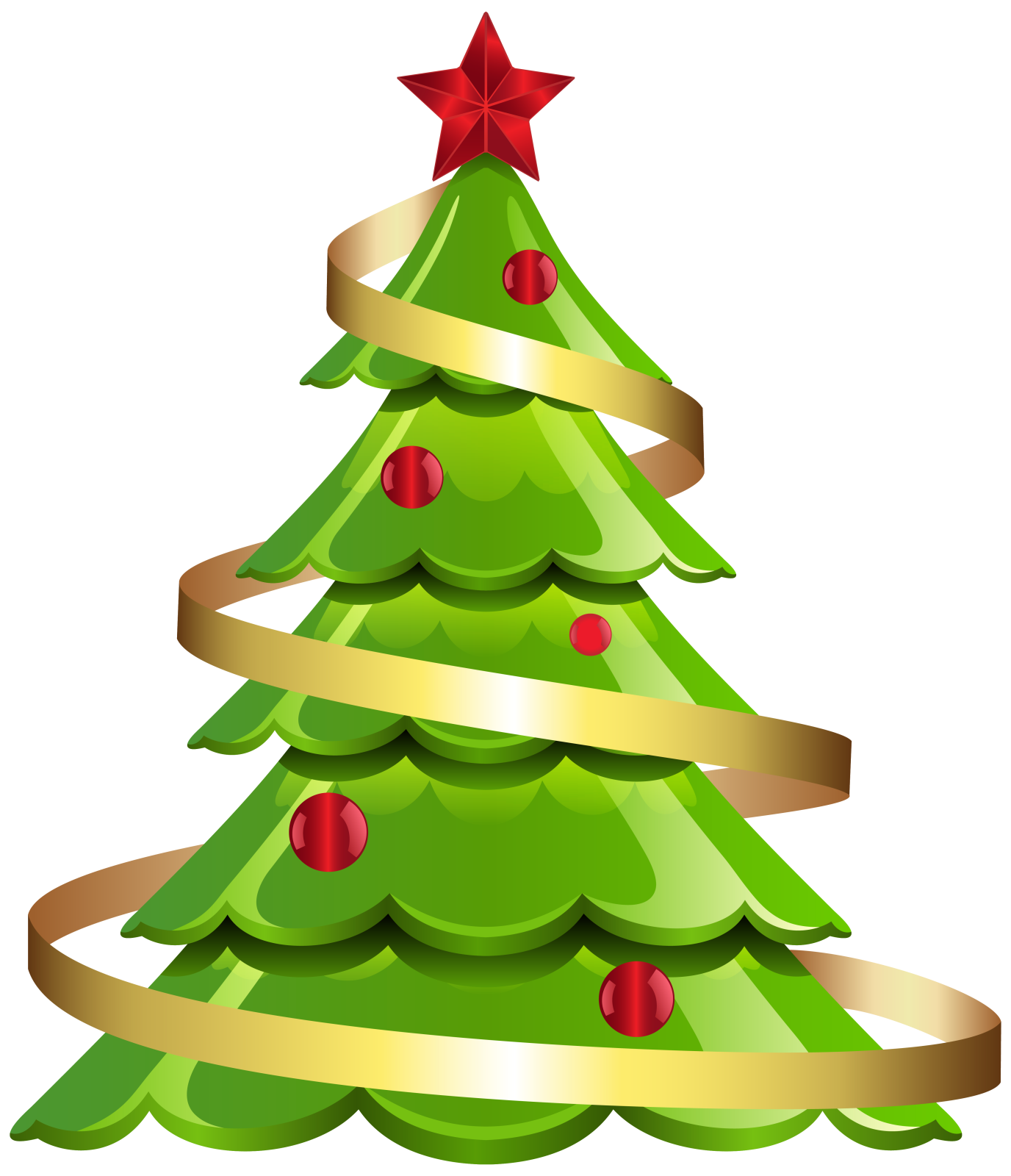 a green christmas tree with gold ribbon