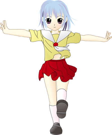 a girl in a yellow shirt and red skirt