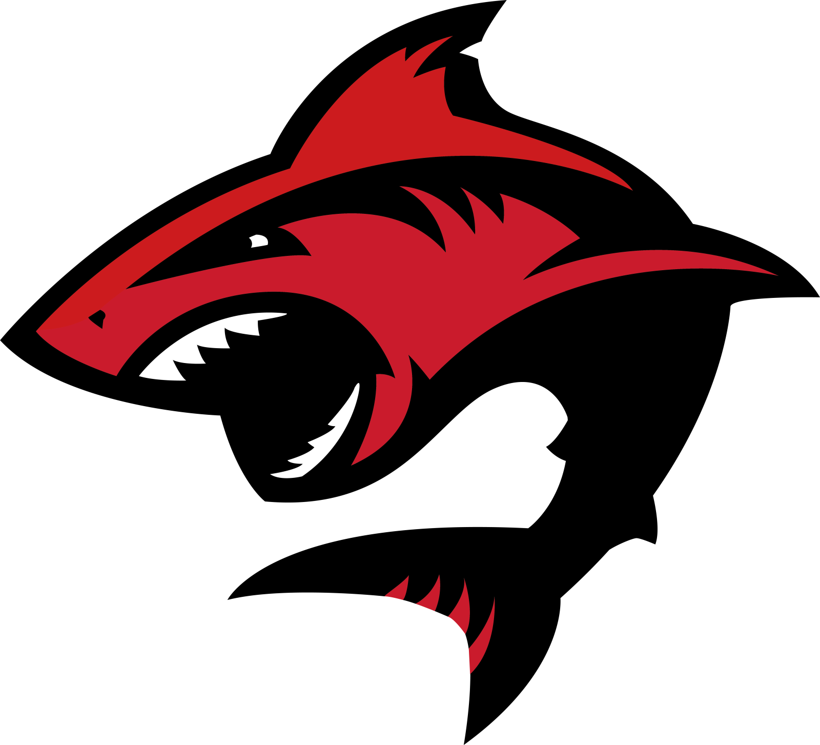 a red and black shark logo