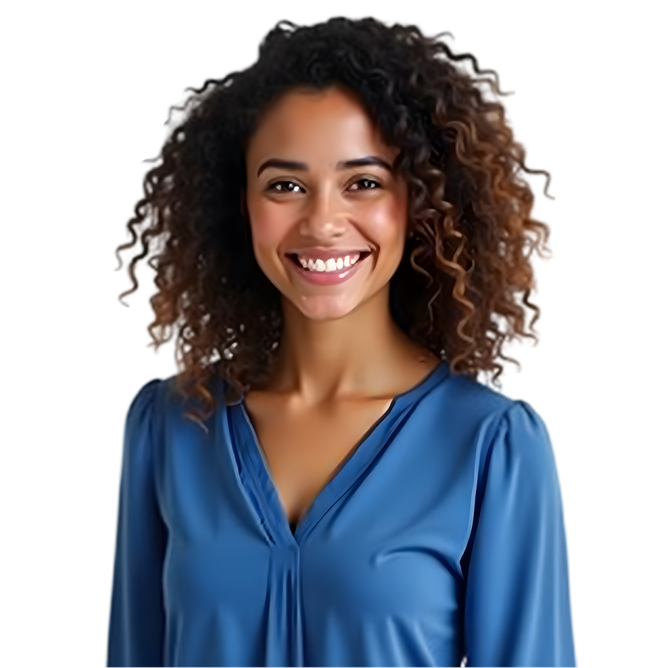 a woman wearing a blue blouse and smiling