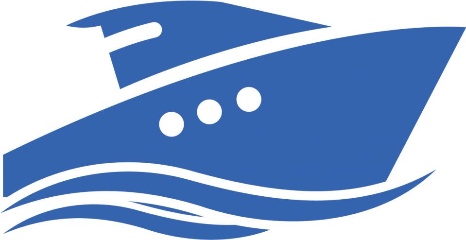 a blue and white logo with a boat in the middle