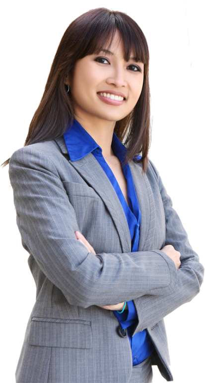 a woman in a business suit with her arms crossed