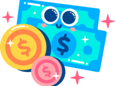 a pile of money with eyes and stars around it