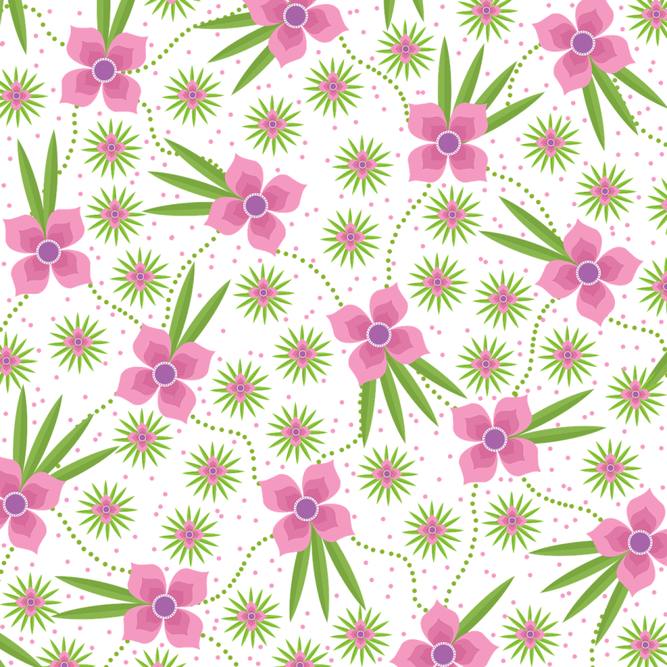a pink and green floral pattern on white background