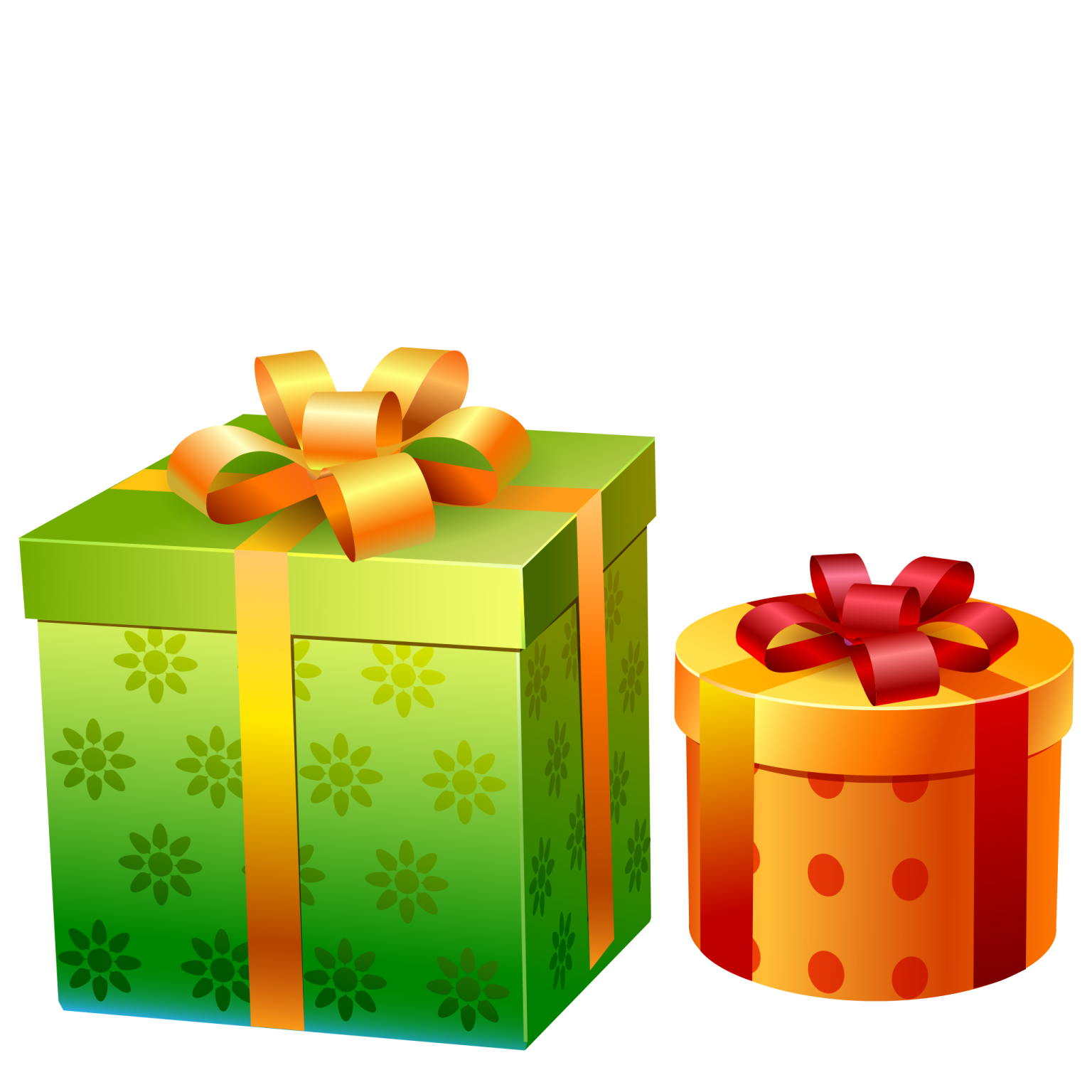 a green and orange gift box with a red bow