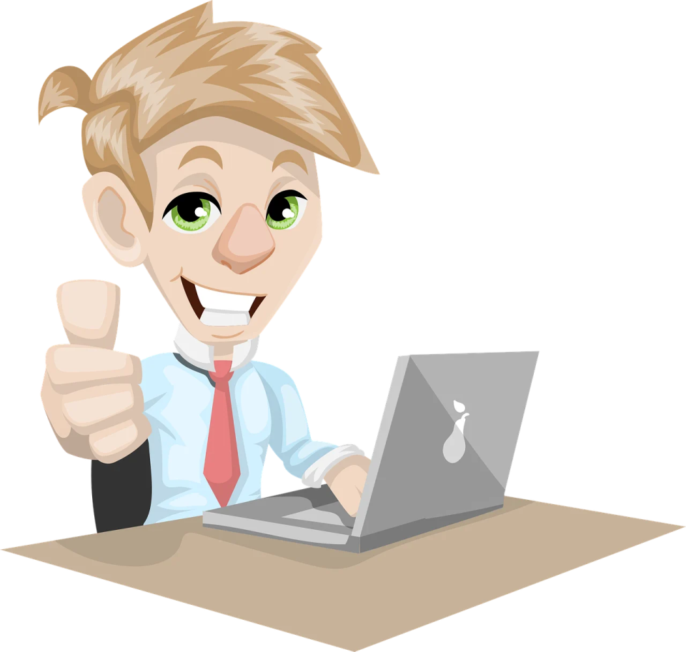 a cartoon man sitting at a desk with a laptop
