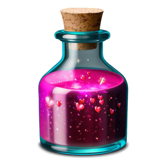 a bottle filled with pink liquid and hearts