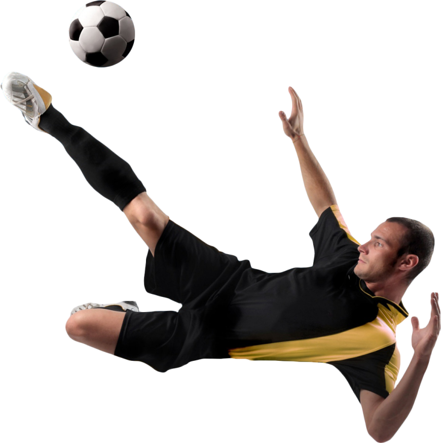 a man kicking a soccer ball in the air