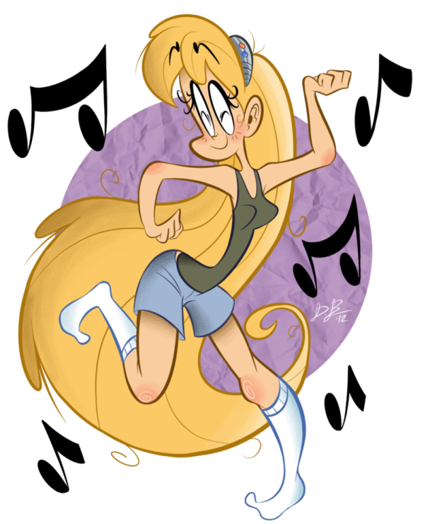 an image of a girl running through music notes