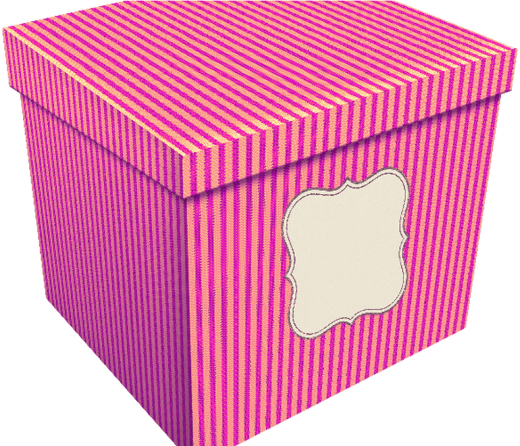 a pink and yellow striped box with a white label