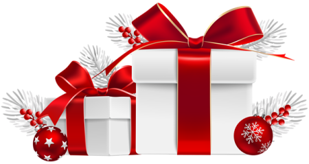 a white gift box with red ribbon and christmas decorations