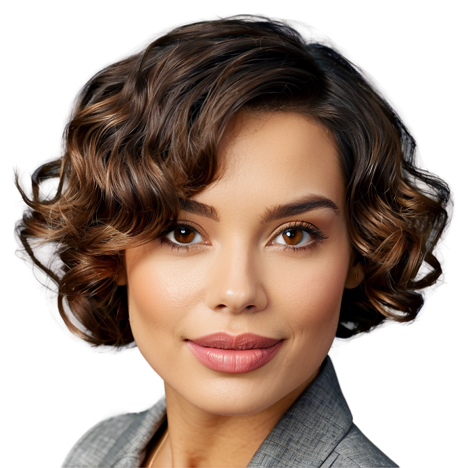a close up of a woman with short brown hair
