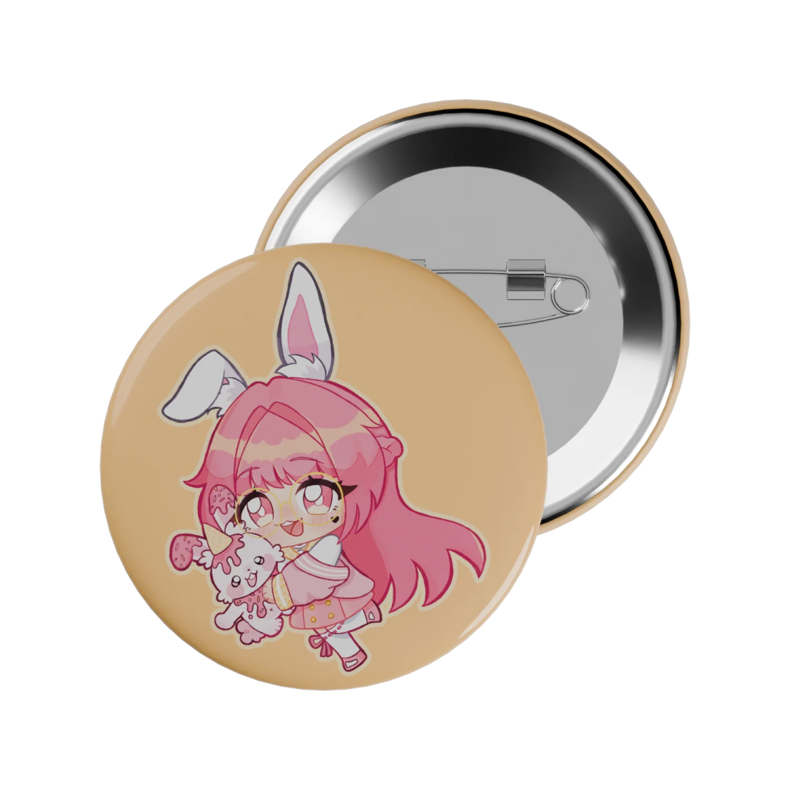 a button with an image of a girl holding a cat