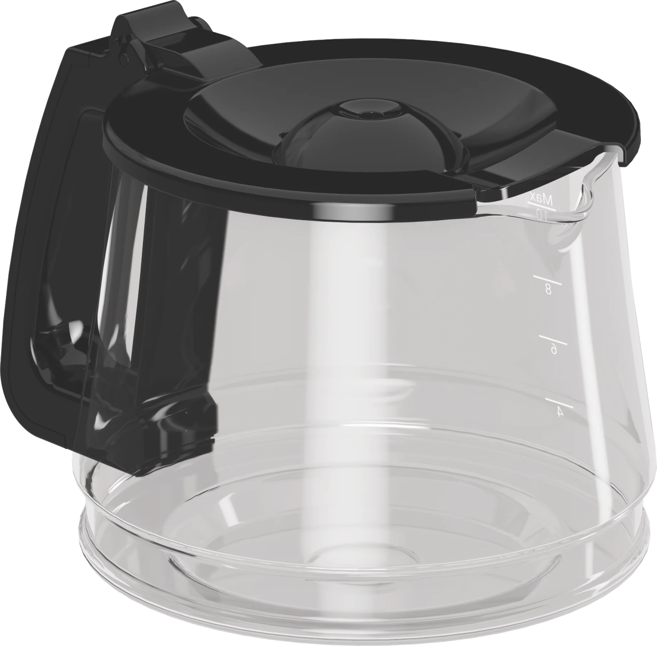 a glass coffee pot with a black lid