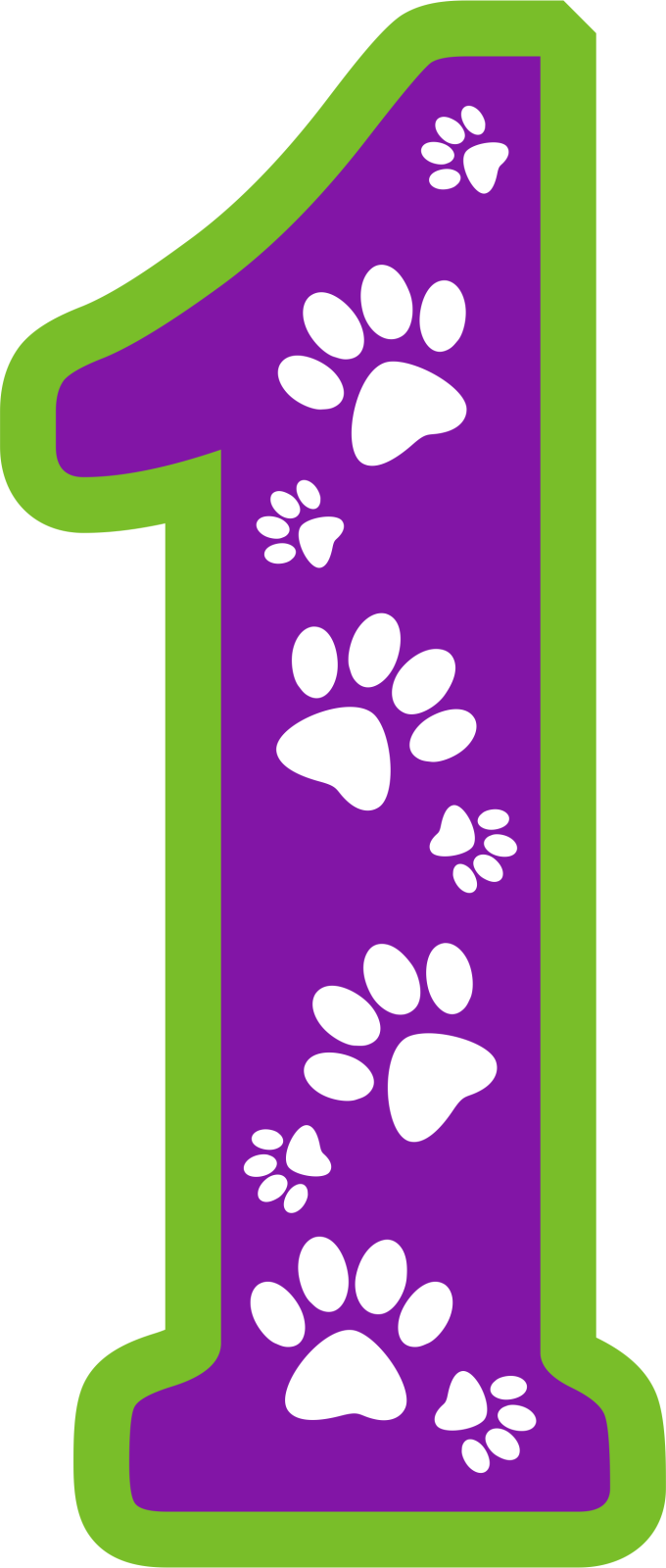 a purple and green number one with paw prints