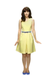 a girl in a yellow dress and blue shoes