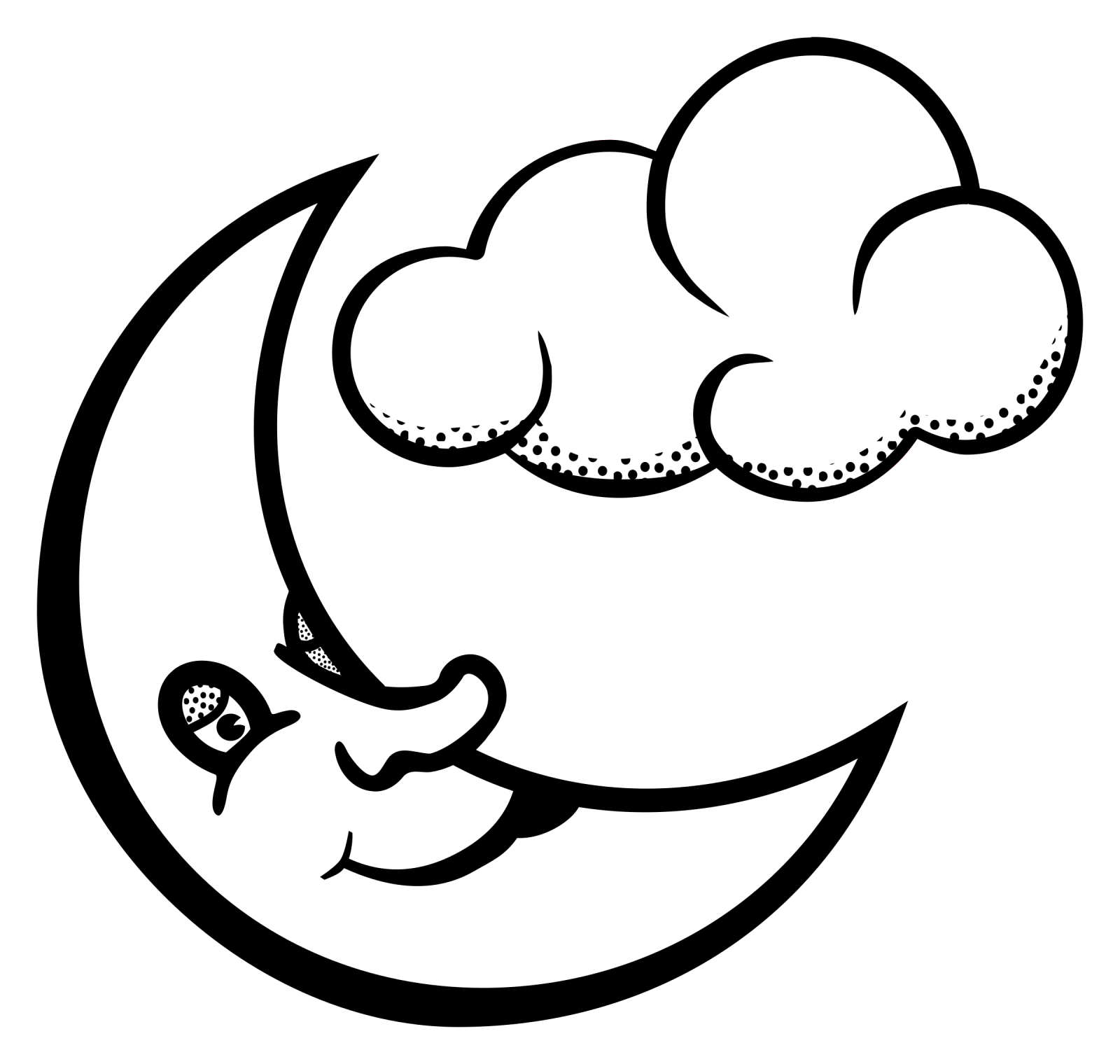 a black and white drawing of a moon with clouds