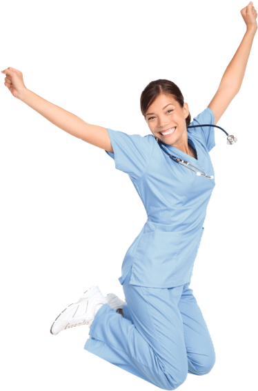 a female nurse jumping in the air