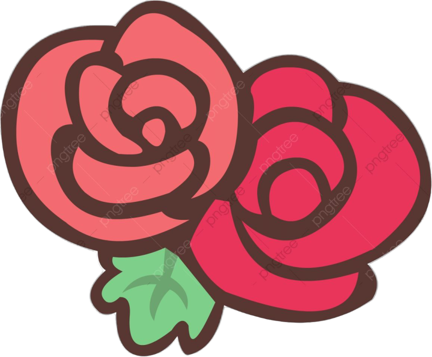 two red roses with green leaves on white background