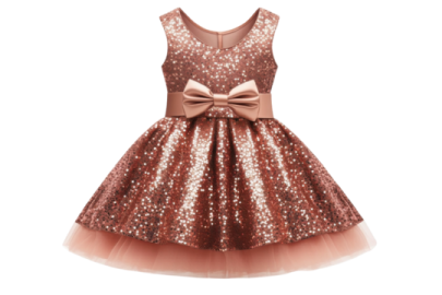 a little girl wearing a brown and gold dress