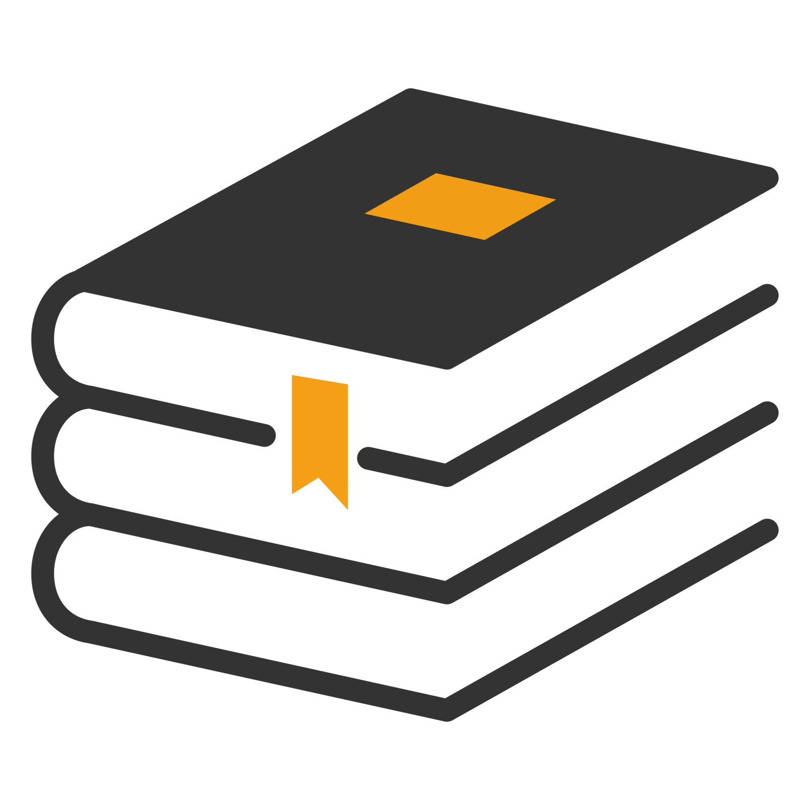 a stack of books with an orange arrow