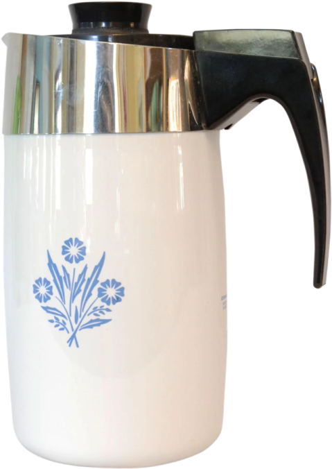 a white coffee pot with blue flowers on it