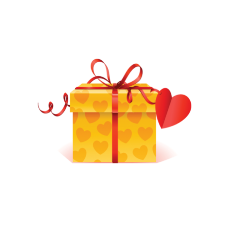 a yellow gift box with a red heart