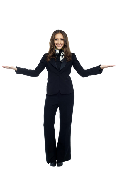 a woman in a suit with her arms spread out
