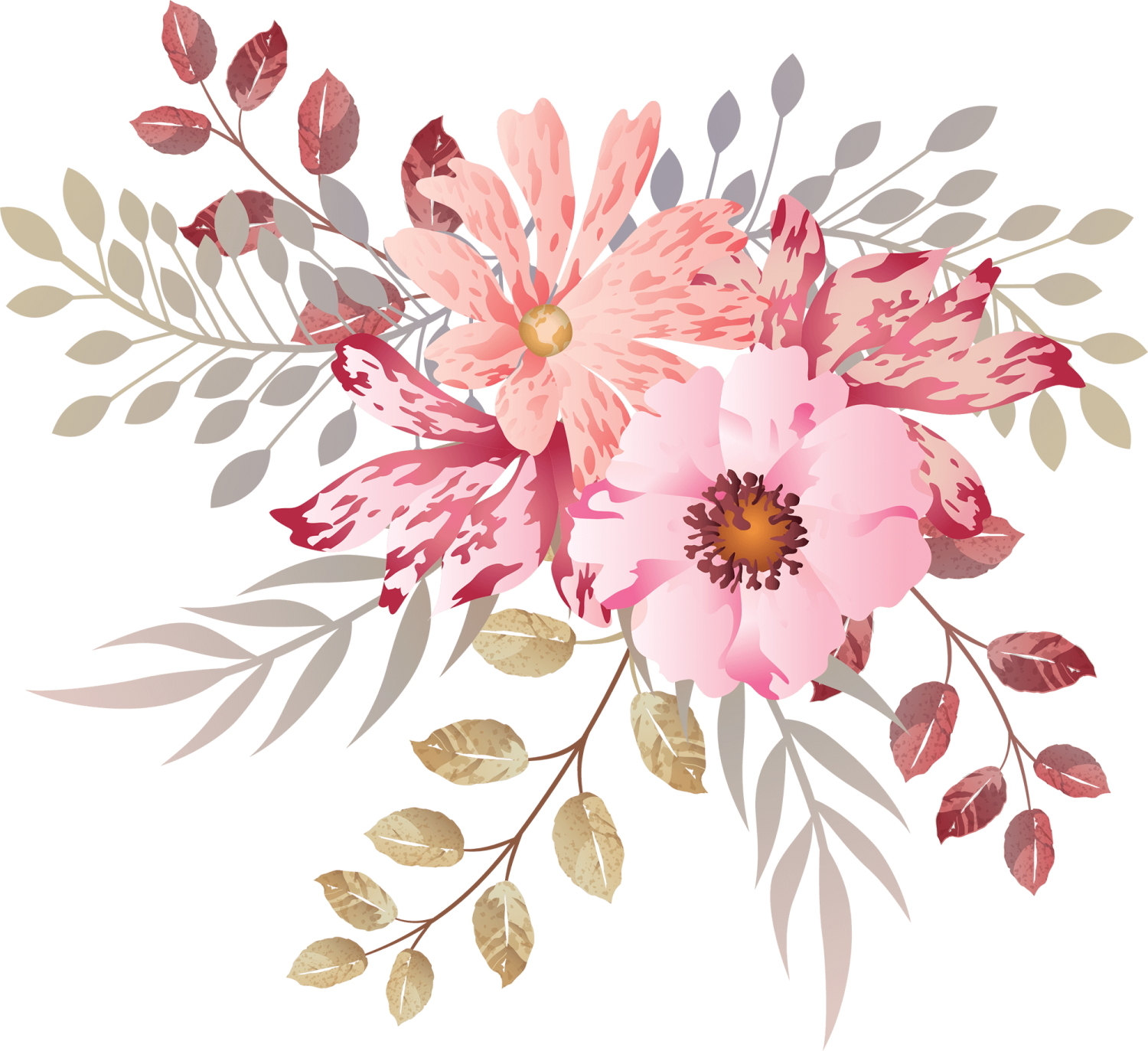a bouquet with pink flowers and green leaves