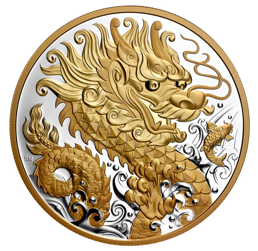 a gold and silver coin with a dragon on it