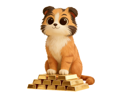 a cat sitting on top of a pile of gold bars