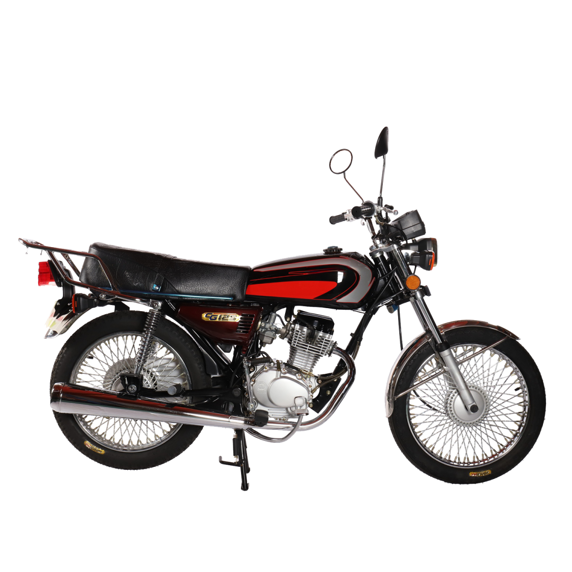 a red and black motorcycle on a white background