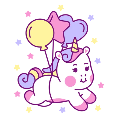 a cartoon unicorn with balloons and stars