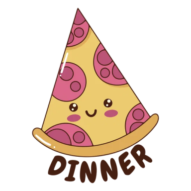 a slice of pizza with the word dinner on it