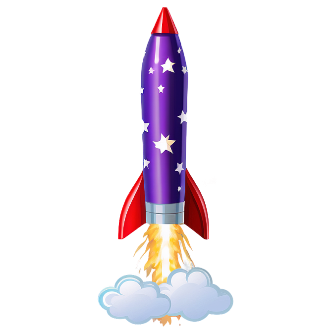 a rocket with stars and clouds in the background