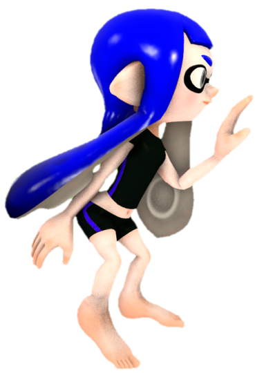 a cartoon character with blue hair and black shorts