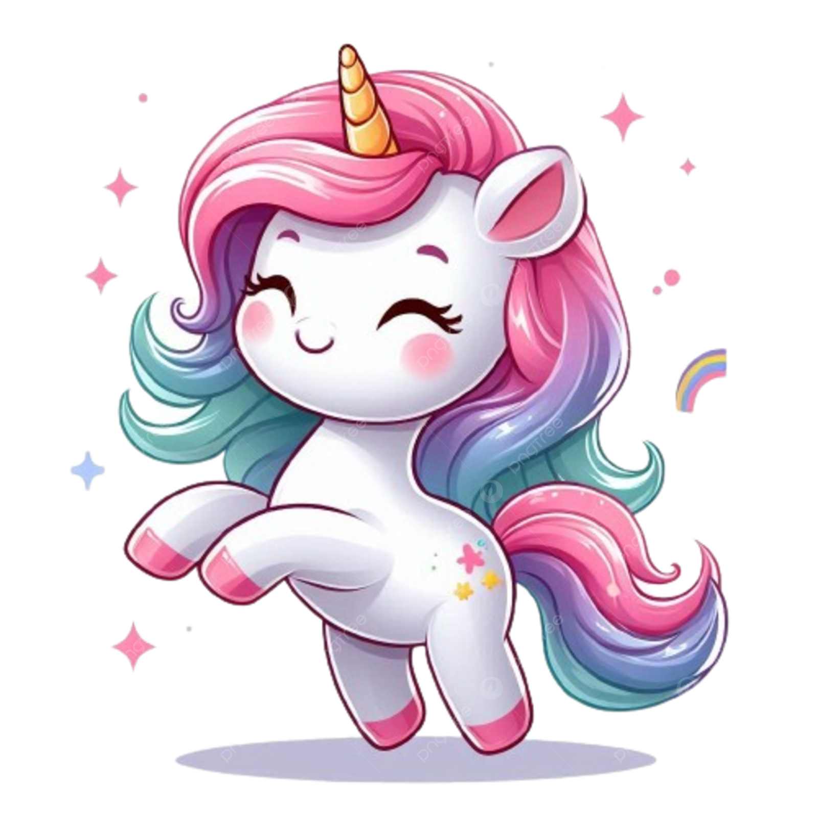 a cute unicorn with pink hair and a gold horn