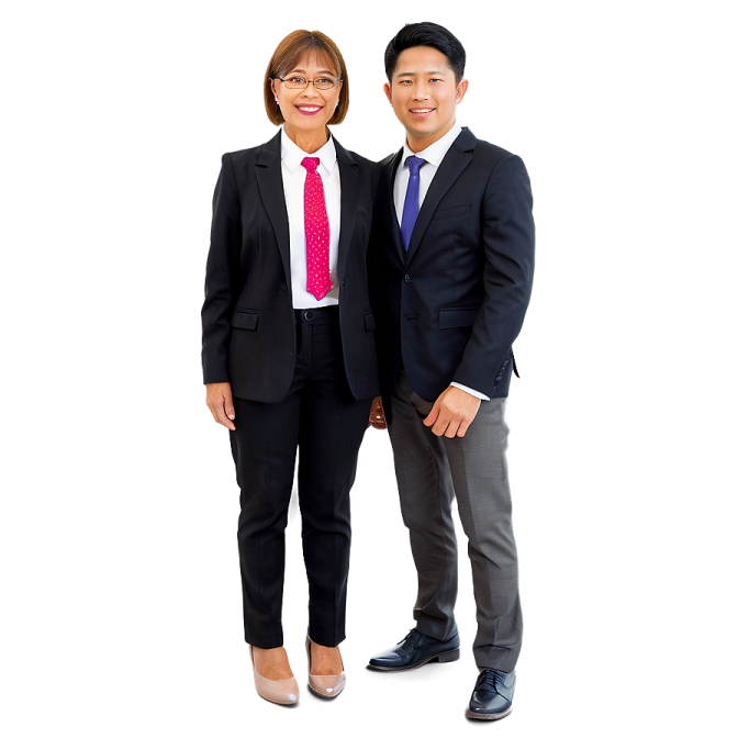a man and woman in business attire posing for the camera