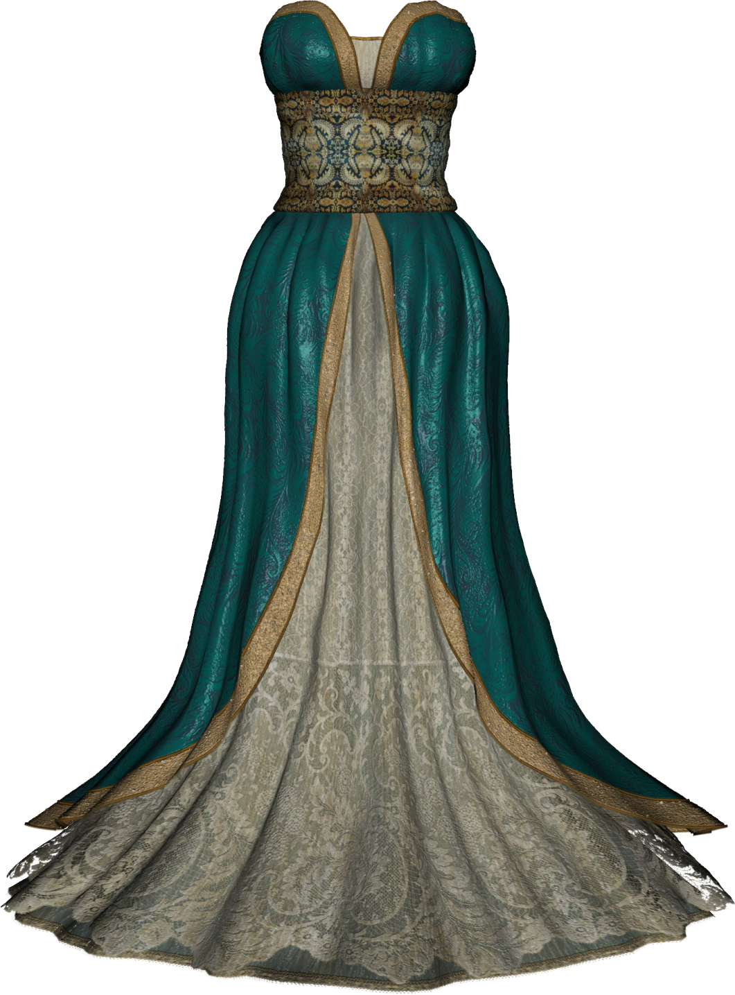 a woman in a green and gold gown