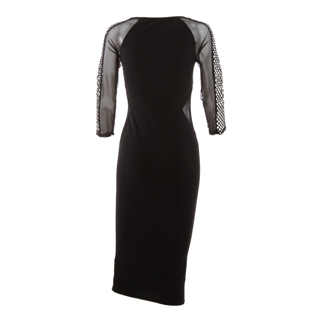 a black and white dress with mesh sleeves