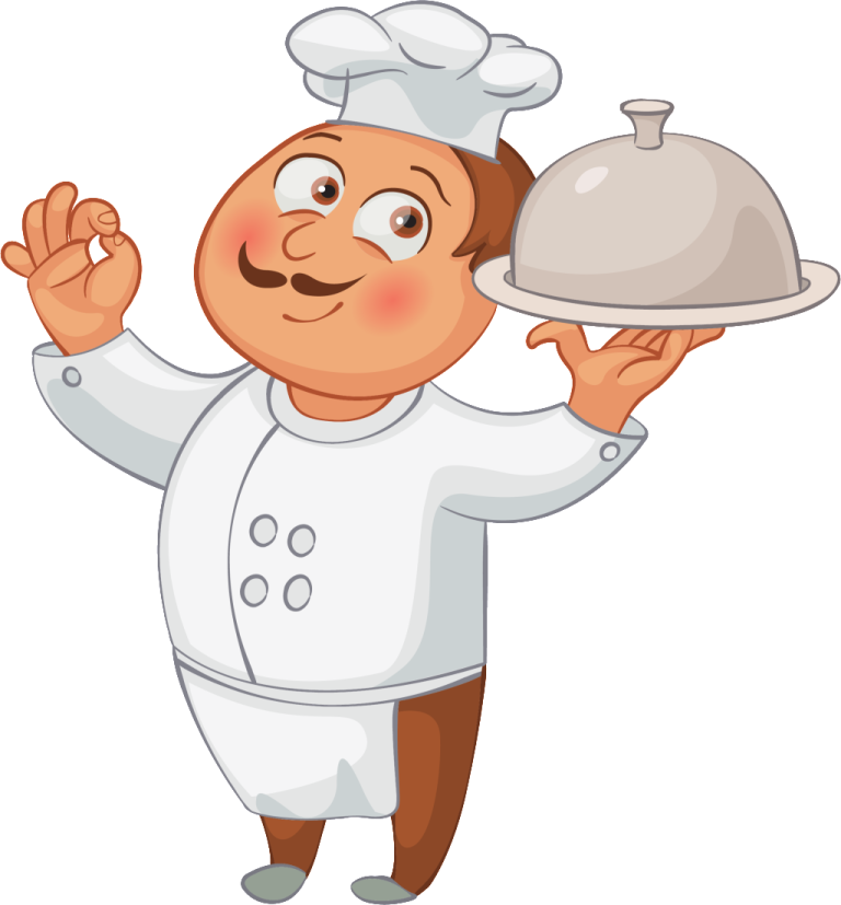 a cartoon chef holding a tray of food