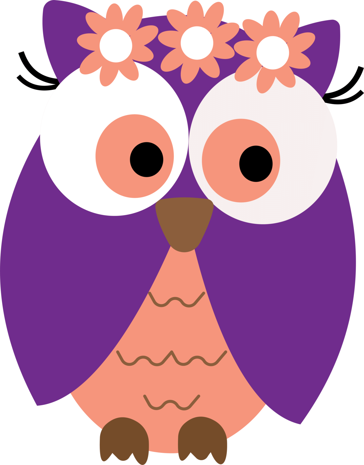 a purple owl with flowers on its head