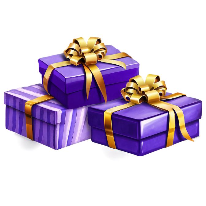 three purple gift boxes with gold ribbons and bows
